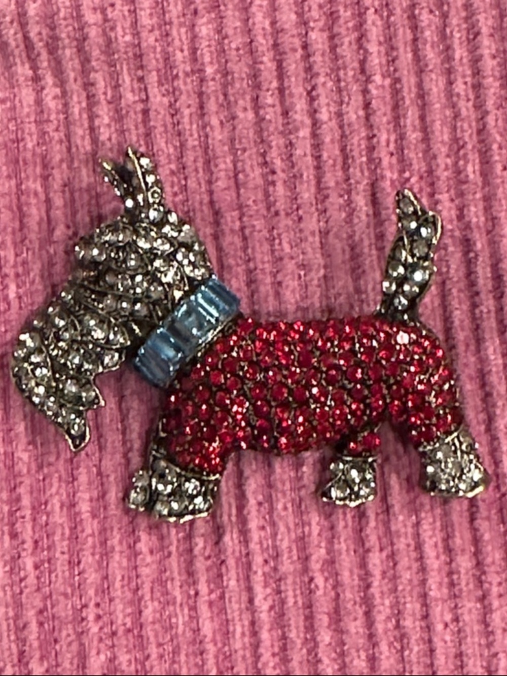 Red Crystal Scottie Dog Brooch with Blue Collar - Designer Pet Accessory